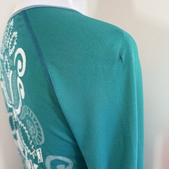 Athleta Tunic Top XS Long Sleeve Twist Ruched Teal Blue Tribal Snow Thumbholes - Picture 11 of 11